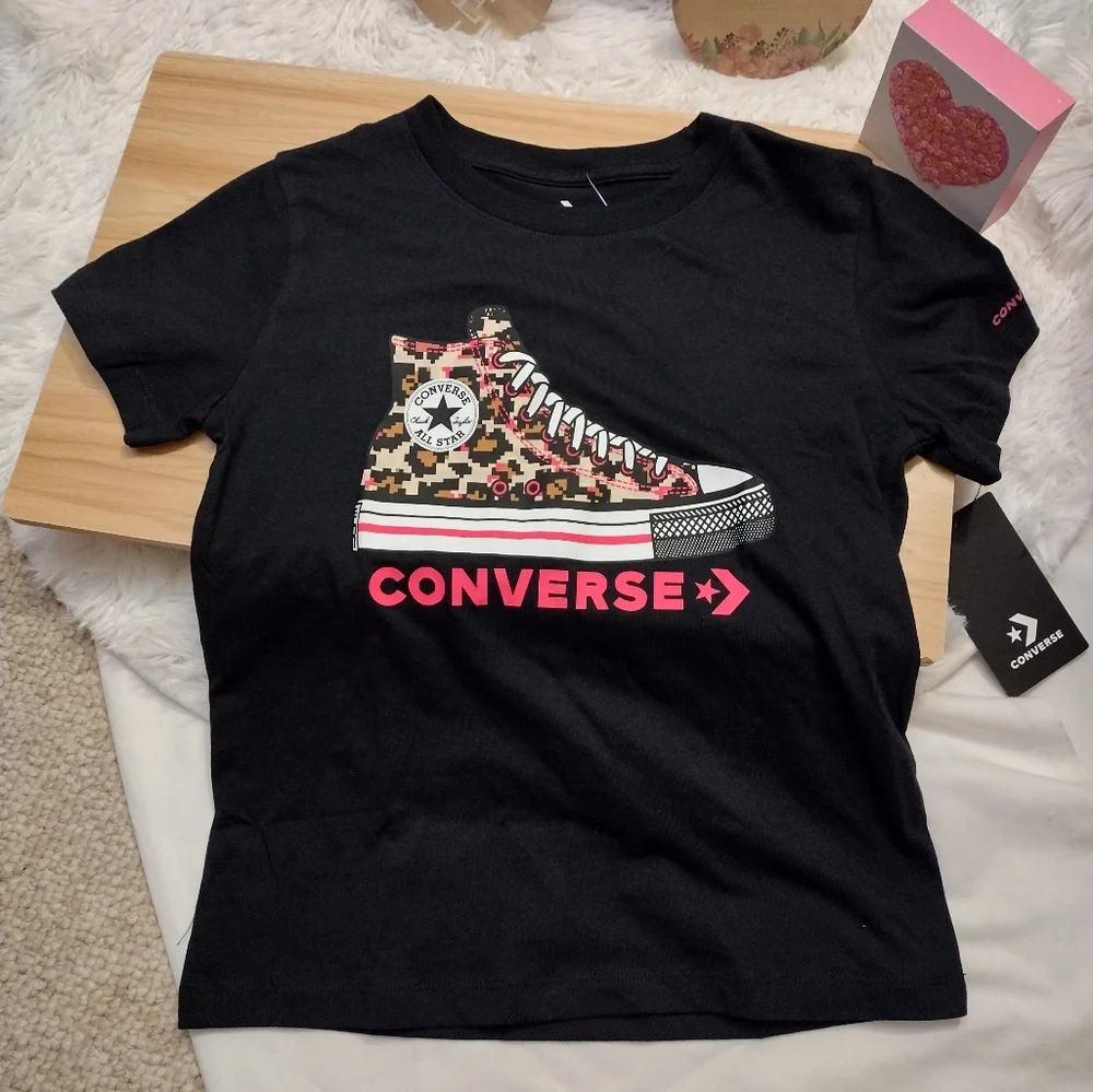 Converse Black T-Shirt with Pink and Brown Sneaker Graphic Girl Med 10/12 🆕